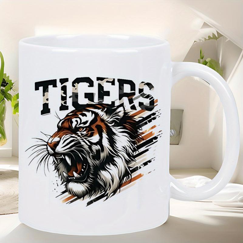 Tailorly White Ceramic 11 oz Mug - Tigers Strong Roaring Predator Head With Athletic Stripes In Dynamic Motion Style Tiger