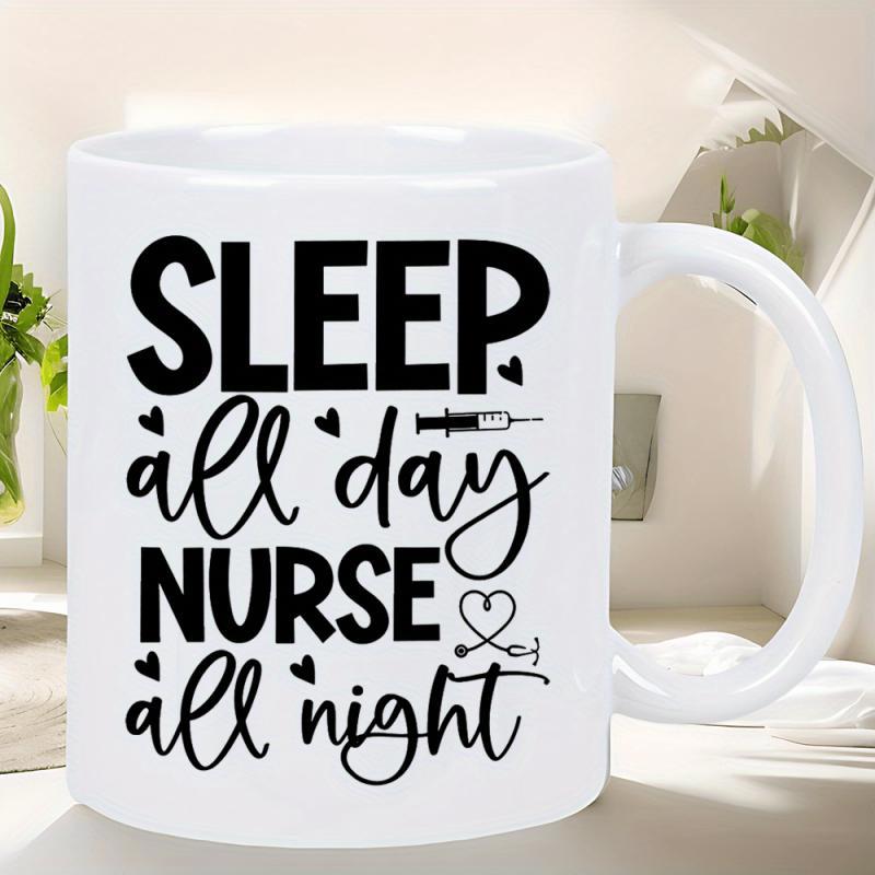 Tailorly White Ceramic 11 oz Mug - Sleep All Day Nurse All Night Simple Medical Icons With A Small Syringe And Heart Patterned Stethoscope
