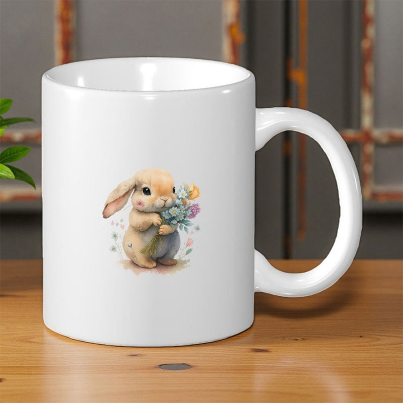 Tailorly White Ceramic 11 oz Mug - Adorable Hand Painted Watercolor Style Holding Colorful Spring Wildflowers Sitting Gentle Rabbit