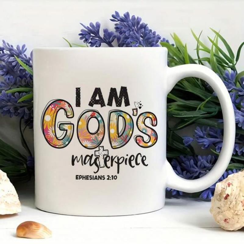 Tailorly White Ceramic 11 oz Mug - I Am Gods Masterpiece Ephesians 2 10 Colorful Watercolor Texture Featuring Artistic Script Typography Religious Mug