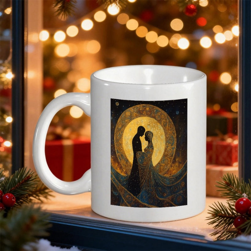 Tailorly White Ceramic 11 oz Mug - Golden Ornate Sun Behind Silhouette Of Romantic Couple In Starry Night Couple