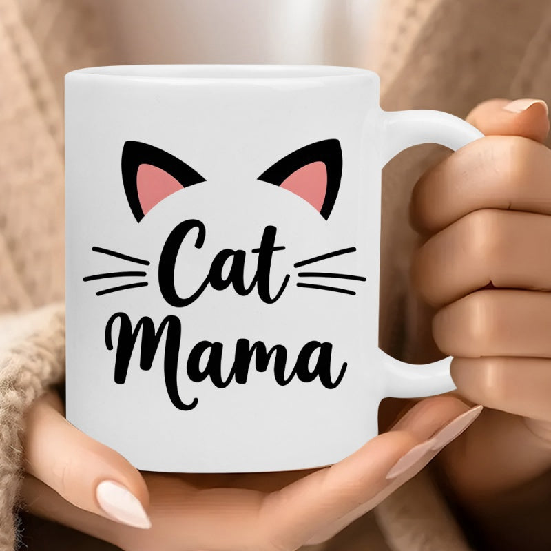 Tailorly White Ceramic 11 oz Mug - Cat Mama Minimalist Black Cat Ears With Pink Accents And Delicate Whiskers Cat