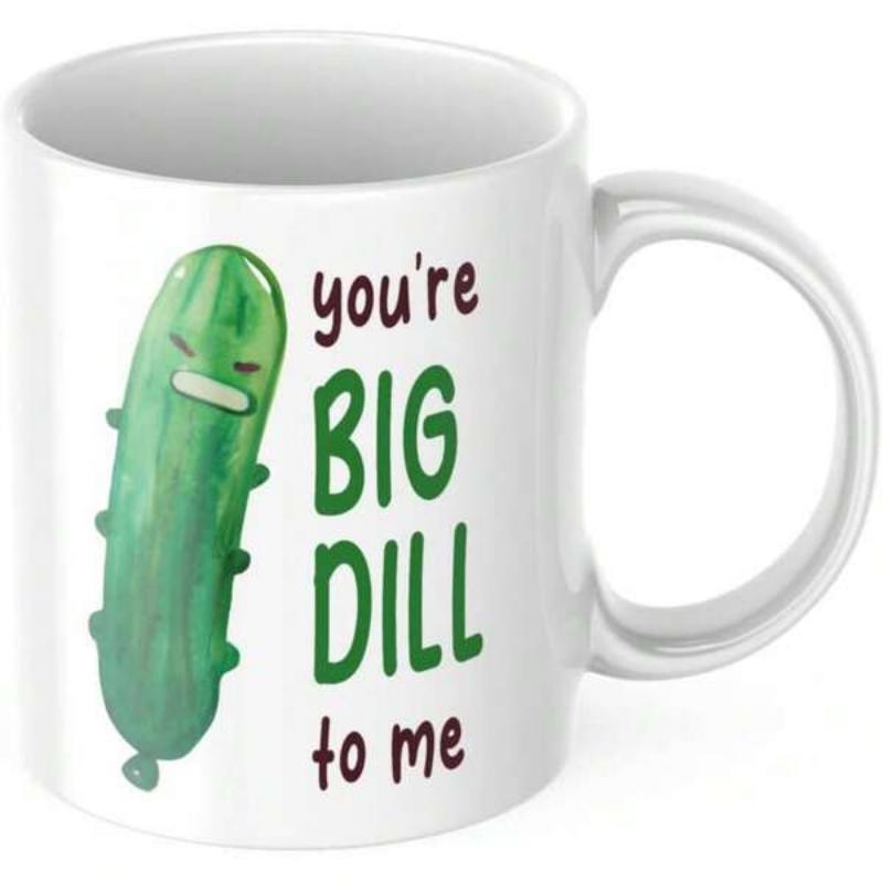 Tailorly White Ceramic 11 oz Mug - Youre Big Dill To Me Cute Green Cartoon Vegetable Character Featuring Simple Expressive Facial Features Pickle