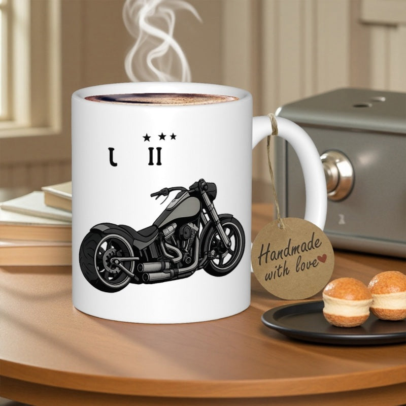 Tailorly White Ceramic 11 oz Mug - Sleek Classic Custom Black Cruiser Parked On A White Background Motorcycle