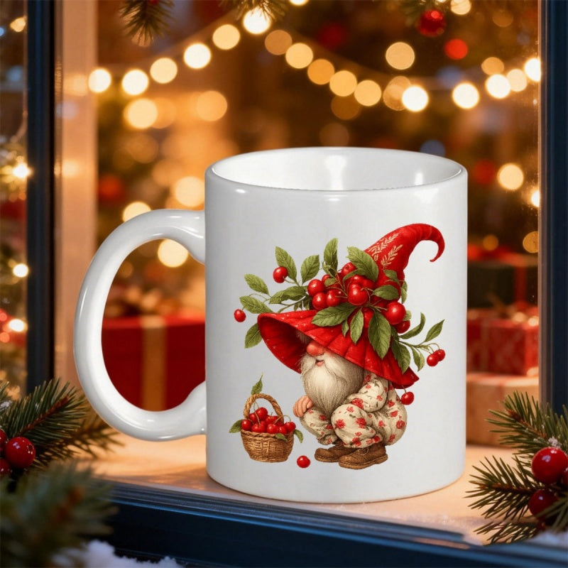 Tailorly White Ceramic 11 oz Mug - Charming Festive Holiday Gnome Wearing Large Red Berry Hat Beside Basket Gnome