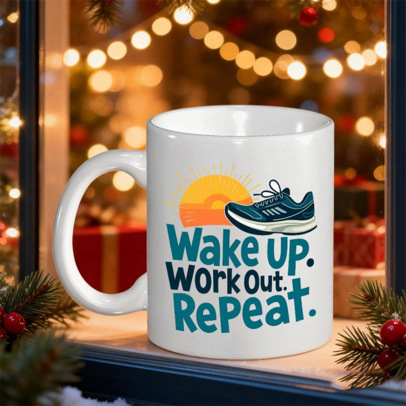 Tailorly White Ceramic 11 oz Mug - Wake Up Work Out Repeat Sporty Athletic Sneaker Paired With A Radiant Glowing Morning Rising Sun Shoe
