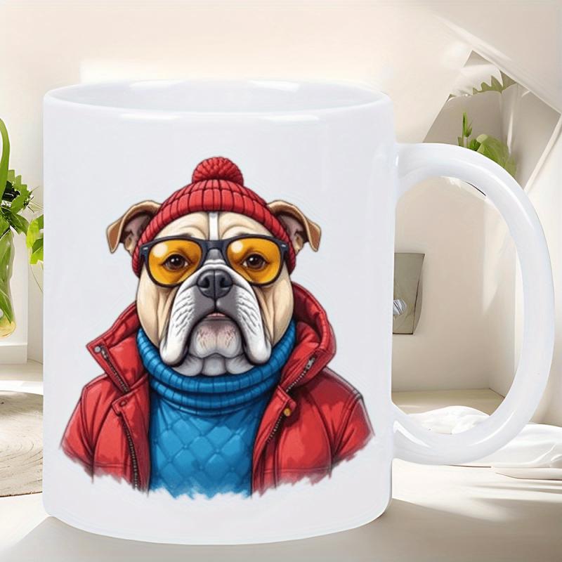 Tailorly White Ceramic 11 oz Mug - Cool Wearing Red Winter Beanie And Stylish Tinted Sunglasses English Bulldog