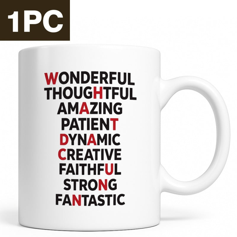 Tailorly White Ceramic 11 oz Mug - Wonderful Thoughtful Amazing Patient Dynamic Creative Faithful Strong Fantastic Clean Minimalist Typography On Smooth Surface
