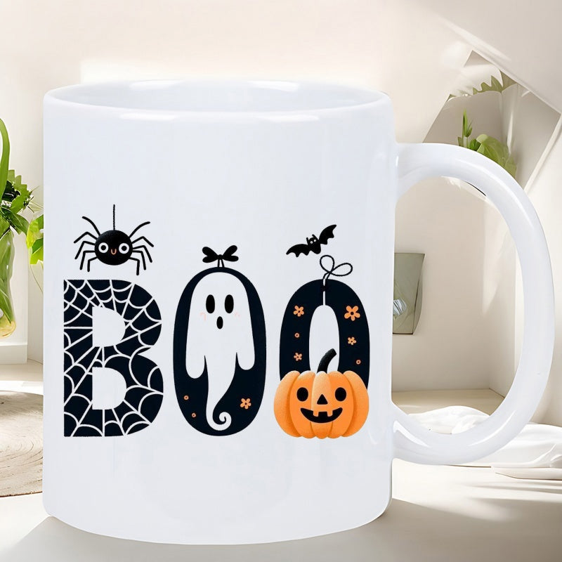 Tailorly White Ceramic 11 oz Mug - Boo Scary Ghost With Smiling Pumpkin And Spider Web Under Night Bat Halloween