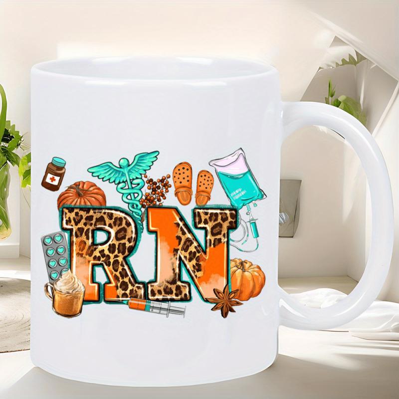 Tailorly White Ceramic 11 oz Mug - RN Leopard Print Medical Icons Combined With Autumn Pumpkins Sign