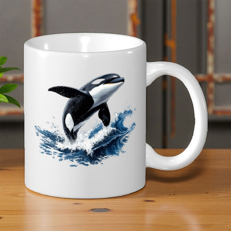 Tailorly White Ceramic 11 oz Mug - Majestic Orca Leaping From Crashing Blue Ocean Waves In Artistic Style Orca