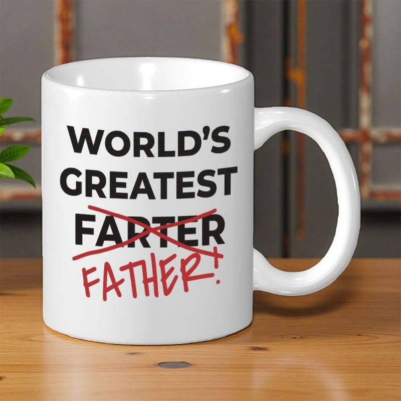 Tailorly White Ceramic 11 oz Mug - Worlds Greatest Farter Father Minimalist White Ceramic Vessel Displaying Bold Typographic Humorous Fatherhood Mug