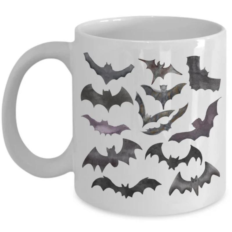 Tailorly White Ceramic 11 oz Mug - Various Dark Watercolor Silhouettes Of Flying Nocturnal Creatures Across White Bat