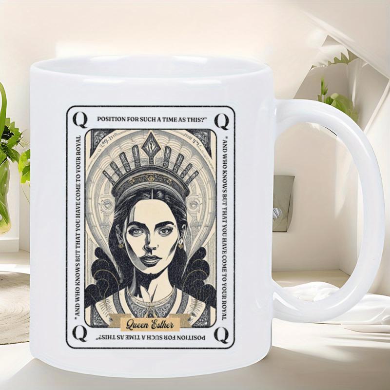 Tailorly White Ceramic 11 oz Mug - Queen Esther For Such A Time As This Elegant Portrait Of A Royal Queen Within A Classic Playing Card Queen
