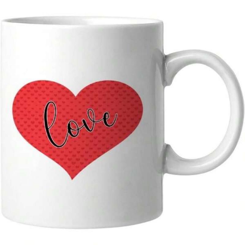 Tailorly White Ceramic 11 oz Mug - Love Vibrant Red Textured Heart Pattern With Elegant Cursive Script Lettering Heart
