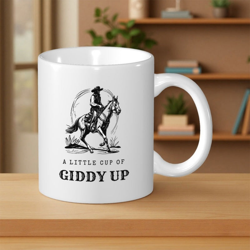 Tailorly White Ceramic 11 oz Mug - A Little Cup Of Giddy Up Vintage Western Cowboy Riding Through Arid Plains Under A Scorching Sun Horse
