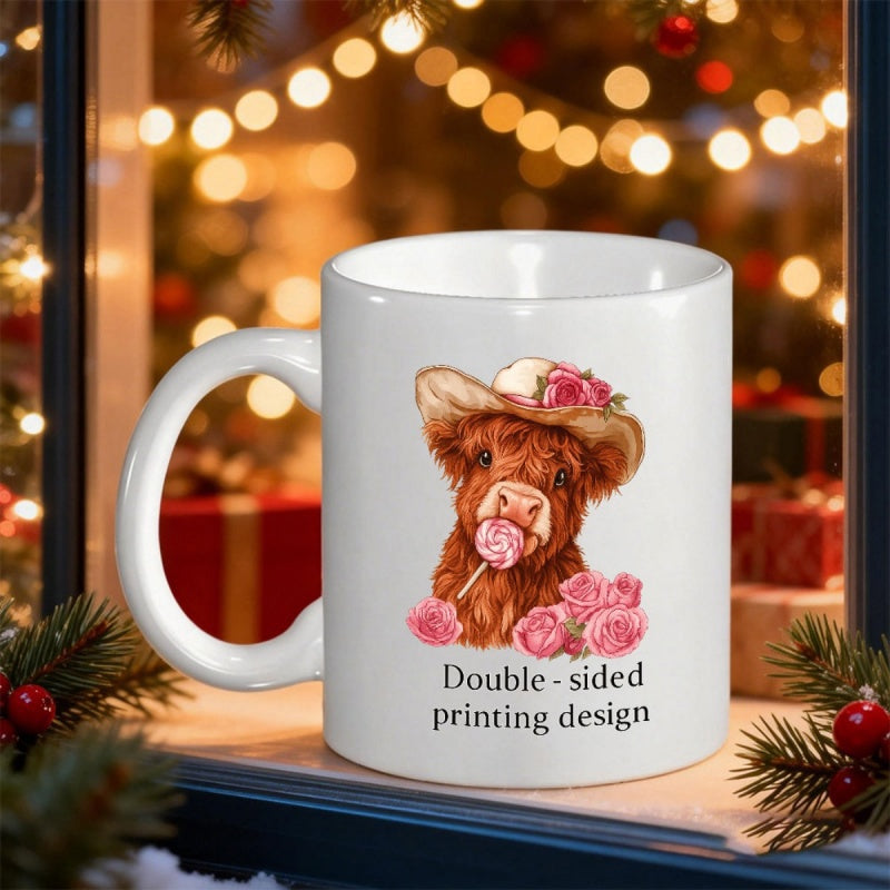 Tailorly White Ceramic 11 oz Mug - Double Sided Printing Design Charming Fluffy Highland Calf Wearing Hat Among Blooming Pink Roses Cow