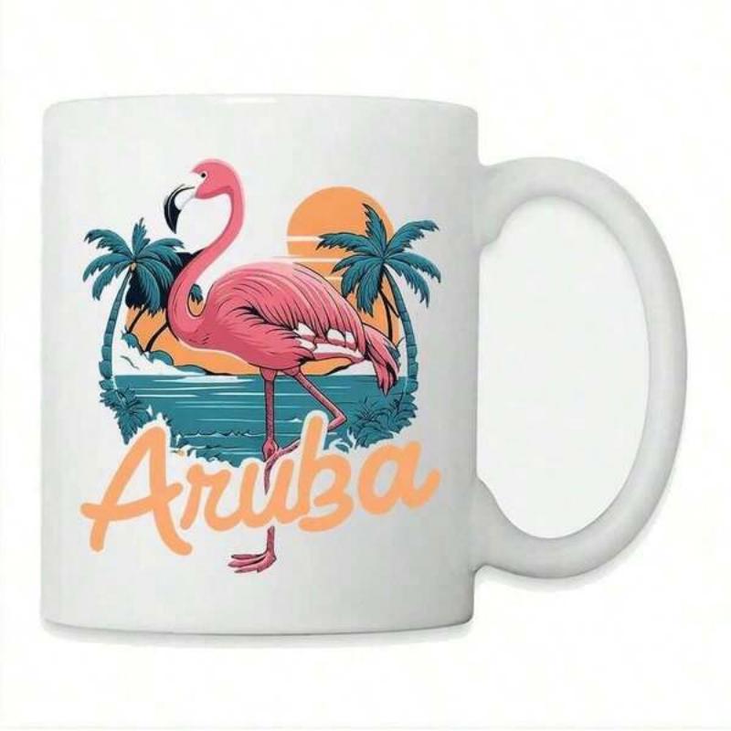 Tailorly White Ceramic 11 oz Mug - Aruba Vibrant Pink Flamingo Standing Among Tropical Palm Trees Under Golden Sunset Flamingo