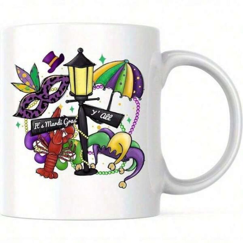 Tailorly White Ceramic 11 oz Mug - It's Mardi Gras Y'all Vibrant Festive Icons With Carnival Mask Beads And A Lamp Post Mardi Gras Design