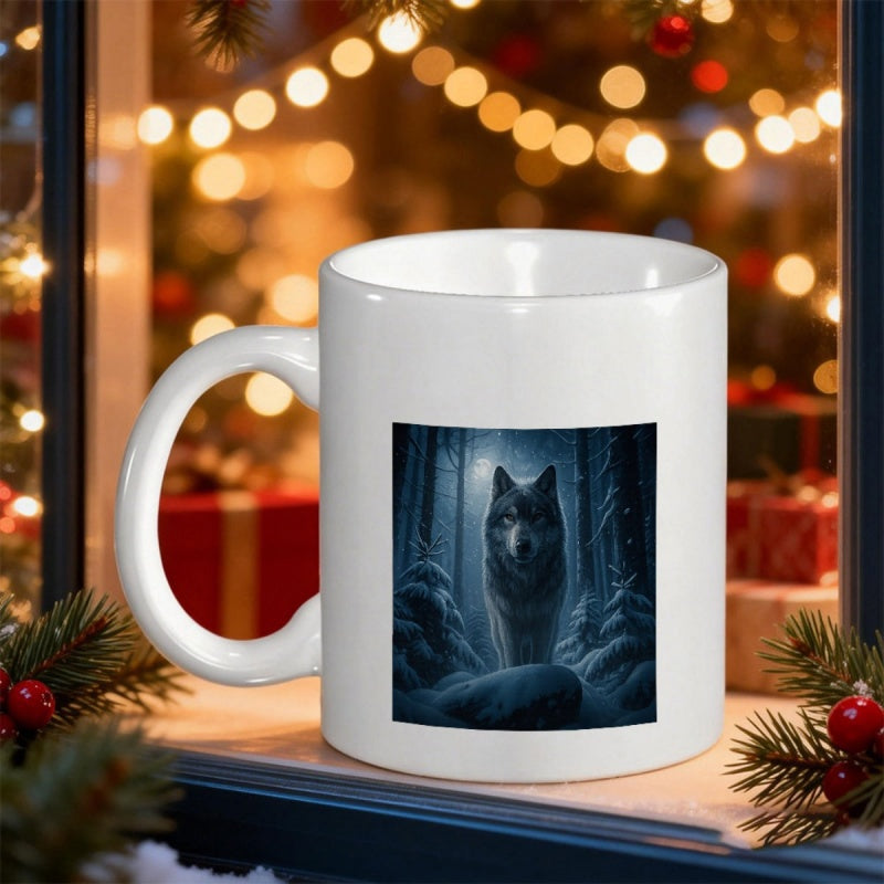 Tailorly White Ceramic 11 oz Mug - Mystical Winter Forest Under Radiant Full Moon Night With A Lone Wolf