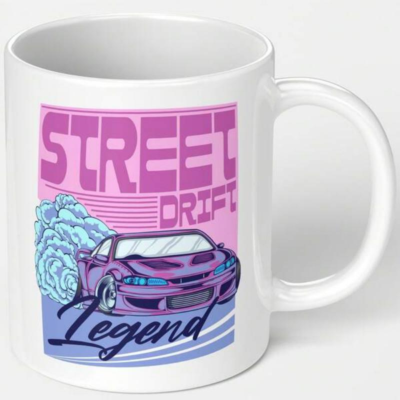 Tailorly White Ceramic 11 oz Mug - Street Drift Legend Vibrant Purple Racing Car Drifting Amidst Thick Blue Smoke And Retro Lines Car
