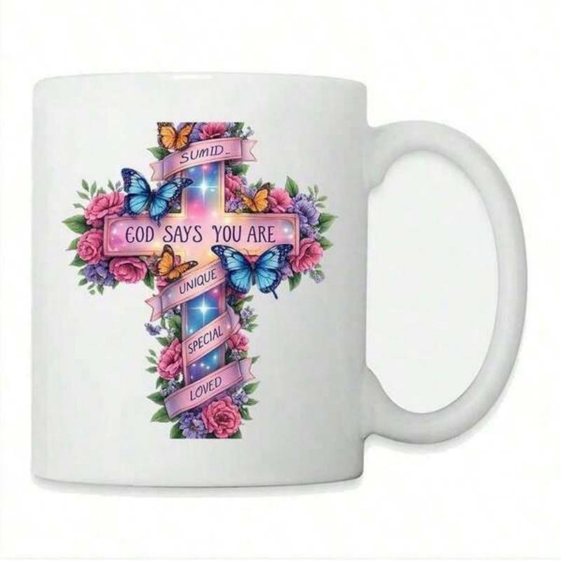 Tailorly White Ceramic 11 oz Mug - God Says You Are Unique Special Loved Vibrant Butterflies Among Blooming Roses Around A Spiritual Cross