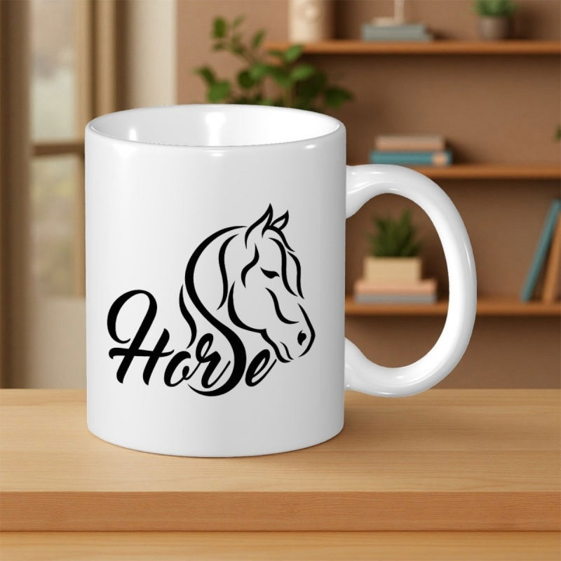Tailorly White Ceramic 11 oz Mug - Horse Artistic Black Line Drawing Integrated With Elegant Decorative Cursive Script Horse