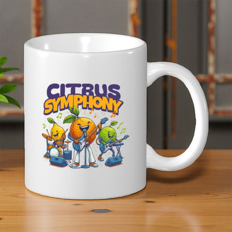 Tailorly White Ceramic 11 oz Mug - Citrus Symphony Vibrant Animated Fruits Playing Instruments Within A Joyful Musical Band Orange