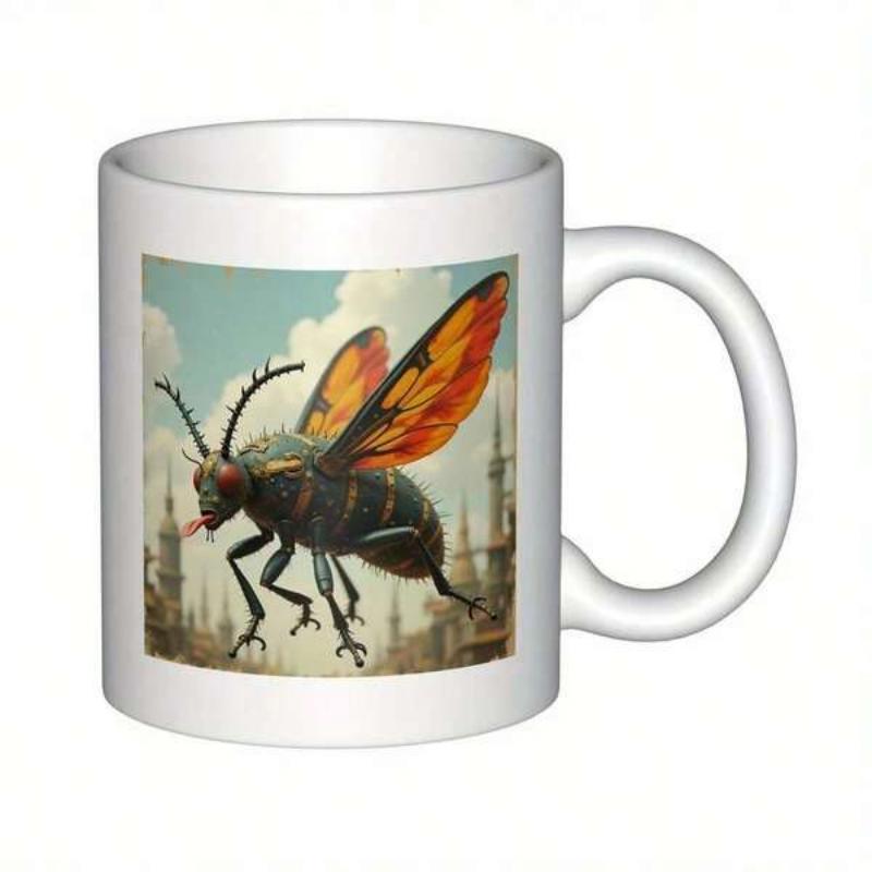 Tailorly White Ceramic 11 oz Mug - Giant Fantasy Insect With Vibrant Orange Wings Hovering Over Ancient Ruins Creature