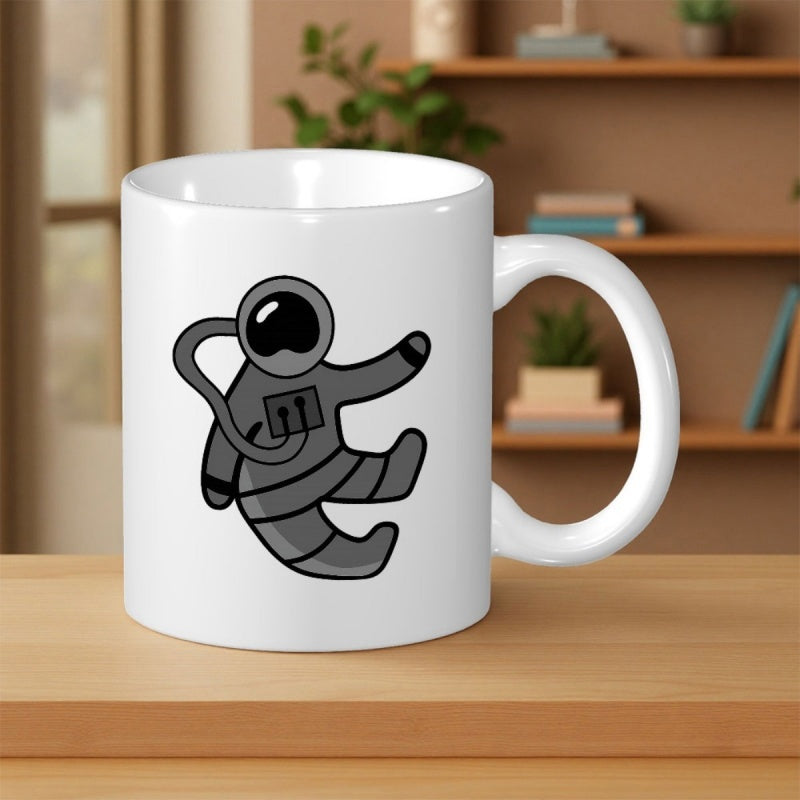 Tailorly White Ceramic 11 oz Mug - Minimalist Floating Cartoon Space Explorer Character In Simple Grey Tones Astronaut