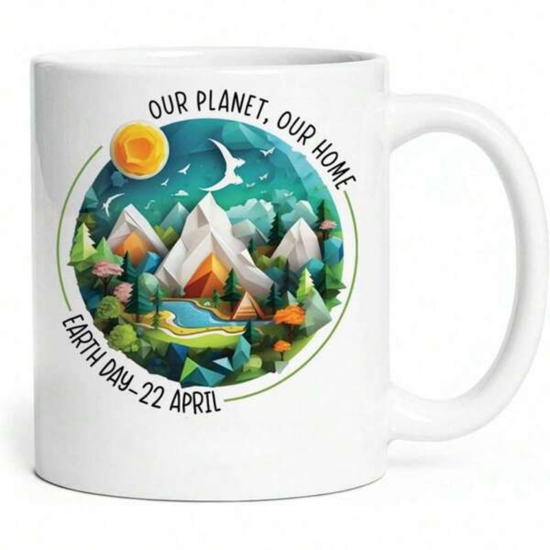Tailorly White Ceramic 11 oz Mug - Our Planet Our Home Earth Day 22 April Geometric Nature Scene With Snowy Peaks And Lush Green Forest Mountains