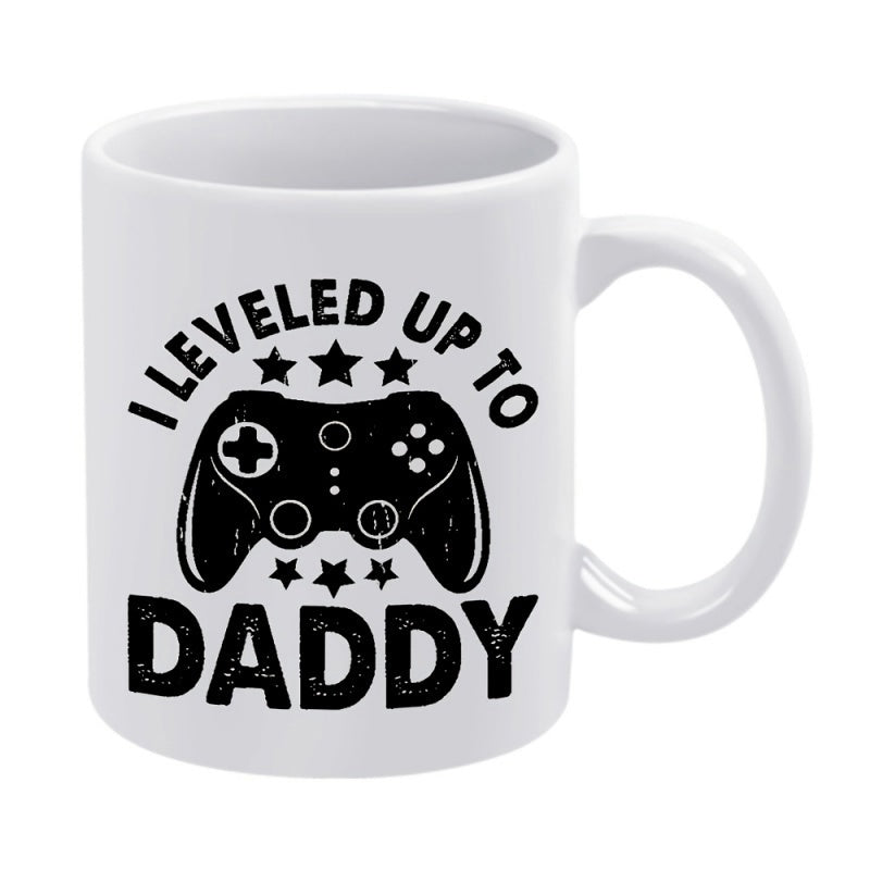 Tailorly White Ceramic 11 oz Mug - I Leveled Up To Daddy Distressed Vintage Style Video Game Console Remote With Stars Controller