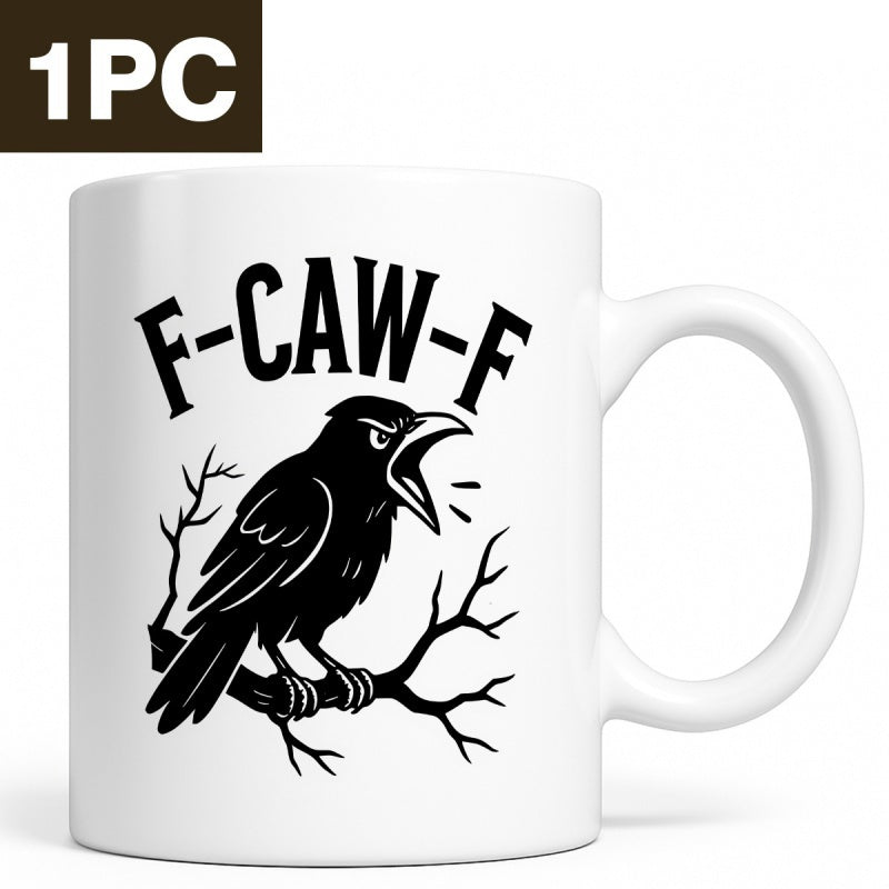 Tailorly White Ceramic 11 oz Mug - F Caw F Black Crow Perched On A Bare Branch With Its Beak Open Crow