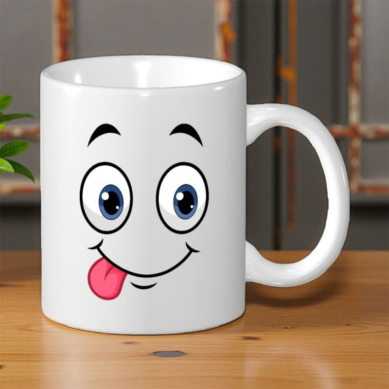 Tailorly White Ceramic 11 oz Mug - Cheerful Expression With Large Blue Eyes And A Playful Pink Tongue Face