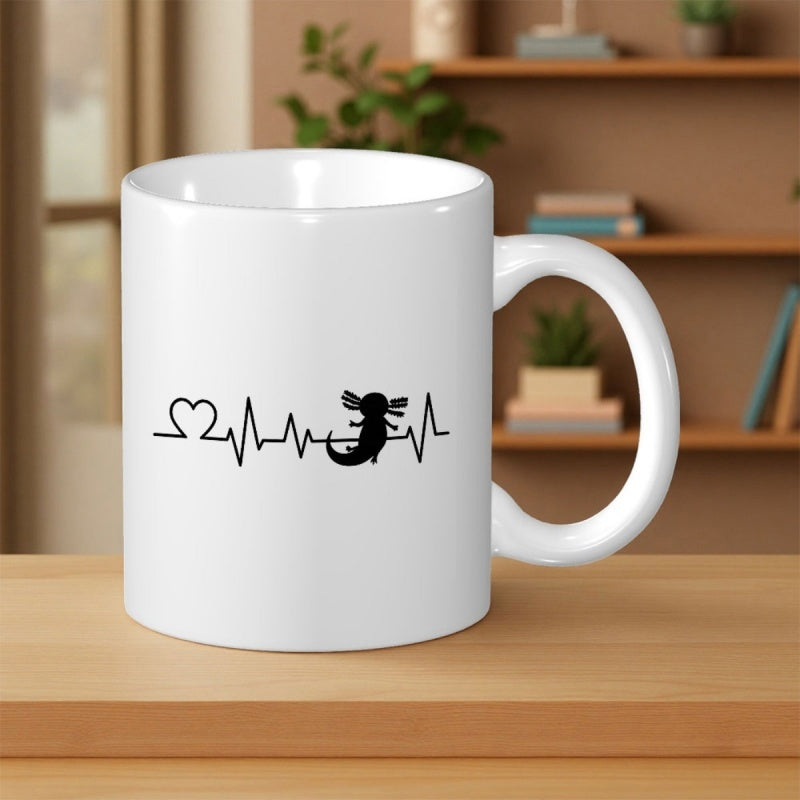 Tailorly White Ceramic 11 oz Mug - Minimalist Black Heartbeat Line With A Heart And Cute Aquatic Axolotl