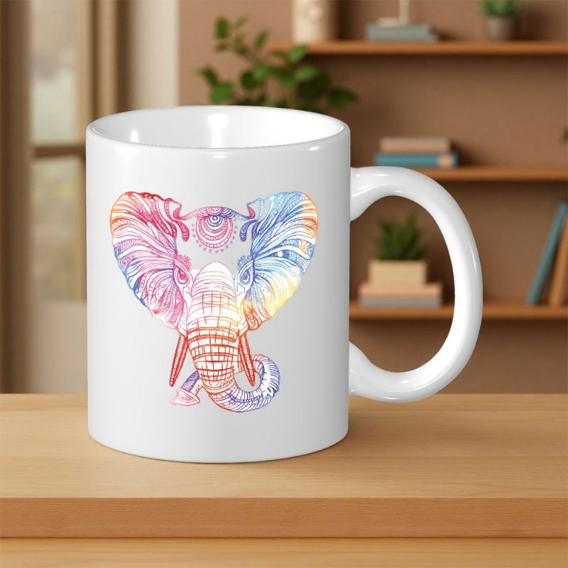 Tailorly White Ceramic 11 oz Mug - Intricate Mandala Pattern With Vibrant Watercolor Textures Across A Majestic Elephant