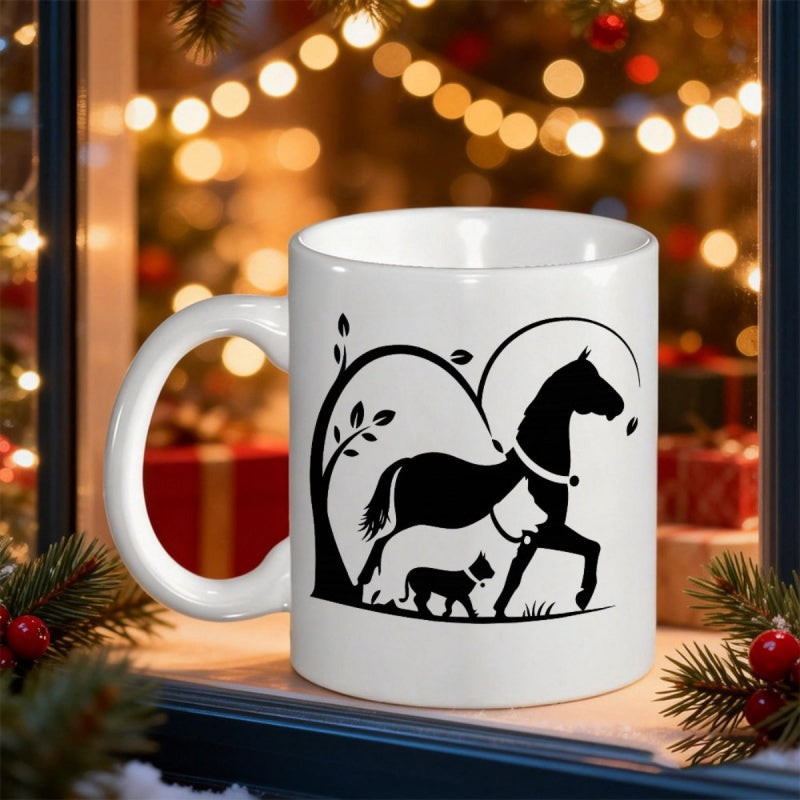 Tailorly White Ceramic 11 oz Mug - Elegant Minimalist Black Silhouette Of A Horse With Small Cat Under Curved Branch Horse