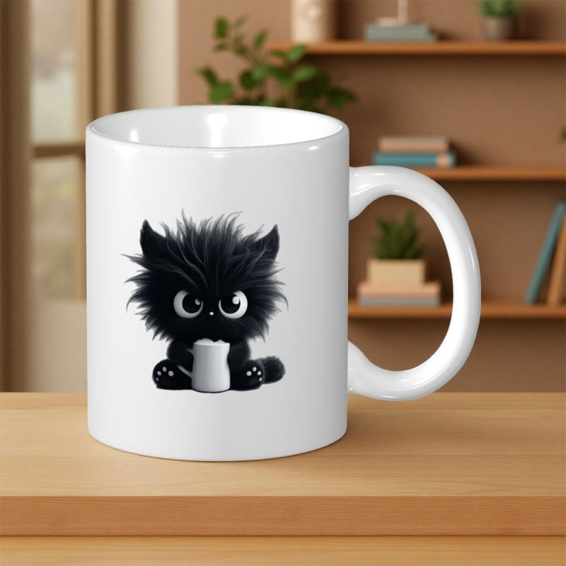 Tailorly White Ceramic 11 oz Mug - Cute Fluffy Black Kitten With Wide Eyes Holding A Small Cup Sitting Gracefully Kitten