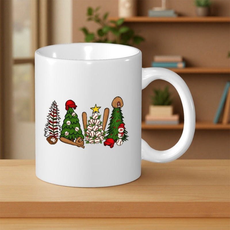 Tailorly White Ceramic 11 oz Mug - Festive Holiday Greenery Decorated With Baseball Elements And Sporting Equipment Christmas Tree