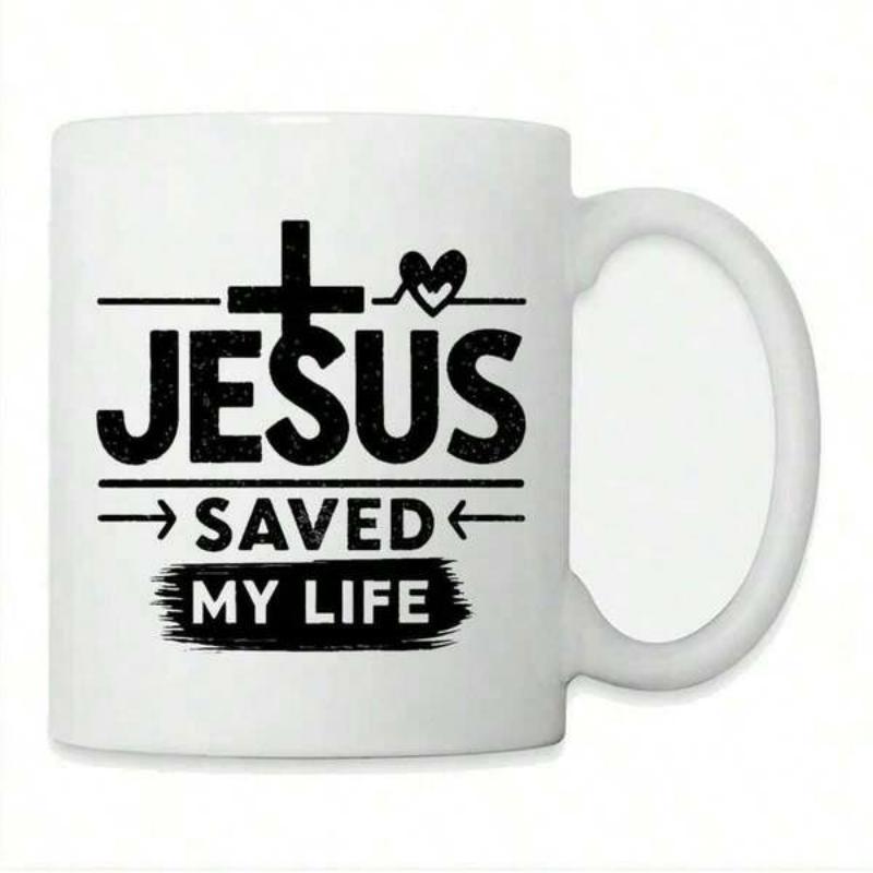 Tailorly White Ceramic 11 oz Mug - Jesus Saved My Life Faith Inspired Religious Symbols With A Sacred Cross And Elegant Heart Mug