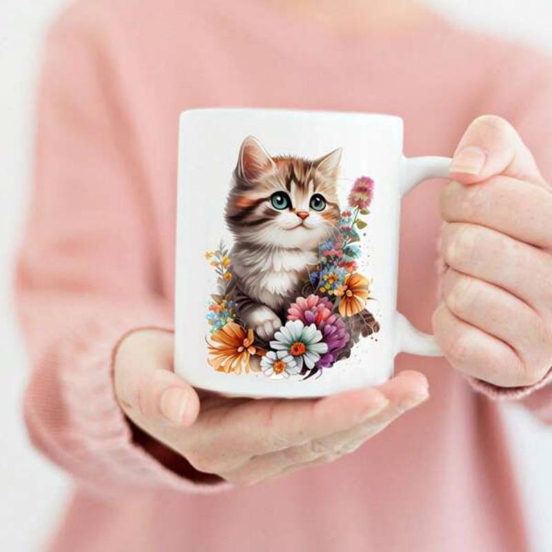 Tailorly White Ceramic 11 oz Mug - Adorable Small Striped Kitten Nestled Within A Bouquet Of Vibrant Spring Flowers Cat