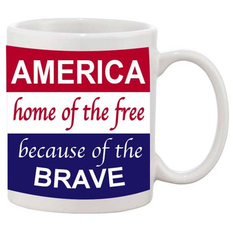 Tailorly White Ceramic 11 oz Mug - America Home Of The Free Because Of The Brave Patriotic Red White And Blue Horizontal Stripes Pattern Mug