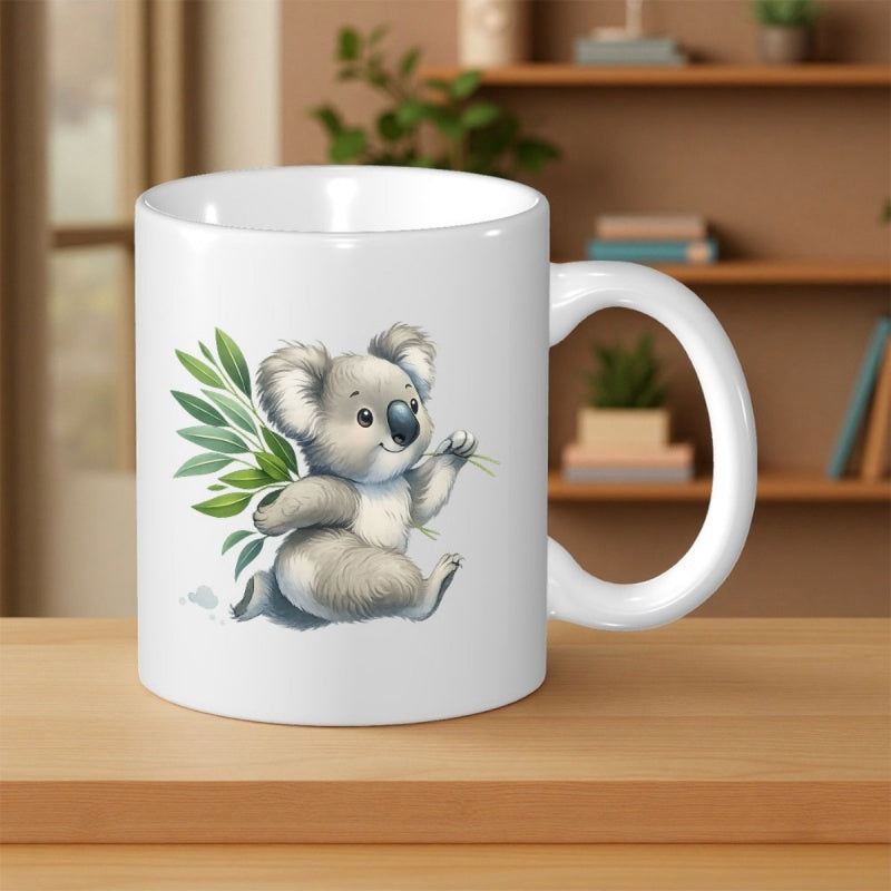 Tailorly White Ceramic 11 oz Mug - Adorable Fluffy Grey Animal Holding Fresh Green Eucalyptus Branches Joyful Koala