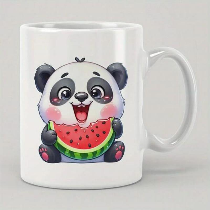Tailorly White Ceramic 11 oz Mug - Cute Cartoon Character Eating A Refreshing Slice Of Summer Red Watermelon Panda