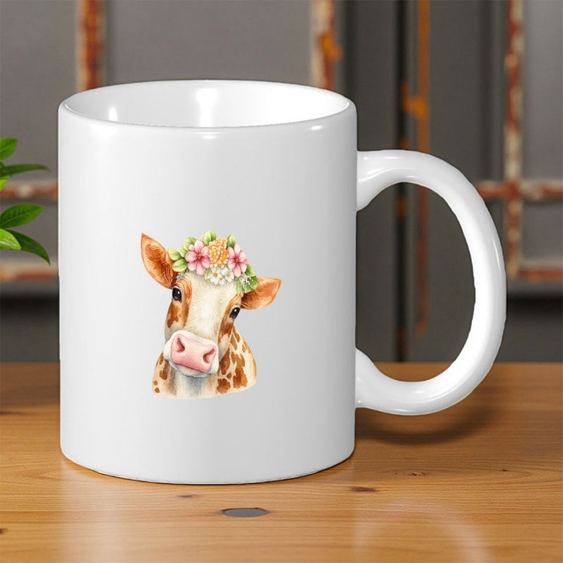 Tailorly White Ceramic 11 oz Mug - Hand Painted Artistic Calf Wearing Vibrant Floral Wreath In Country Style Cow