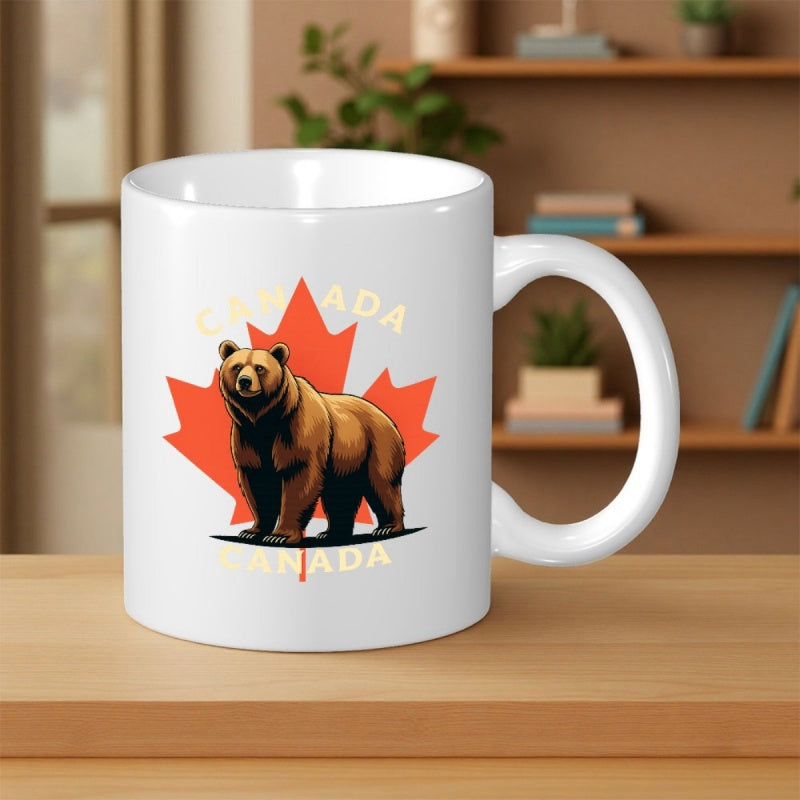 Tailorly White Ceramic 11 oz Mug - Canada Strong Wild Brown Bear Standing Before A Vibrant Red Maple Leaf Bear