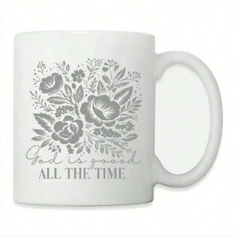Tailorly White Ceramic 11 oz Mug - God Is Good All The Time Elegant Hand Drawn Grey Floral Patterns With Petals Flower