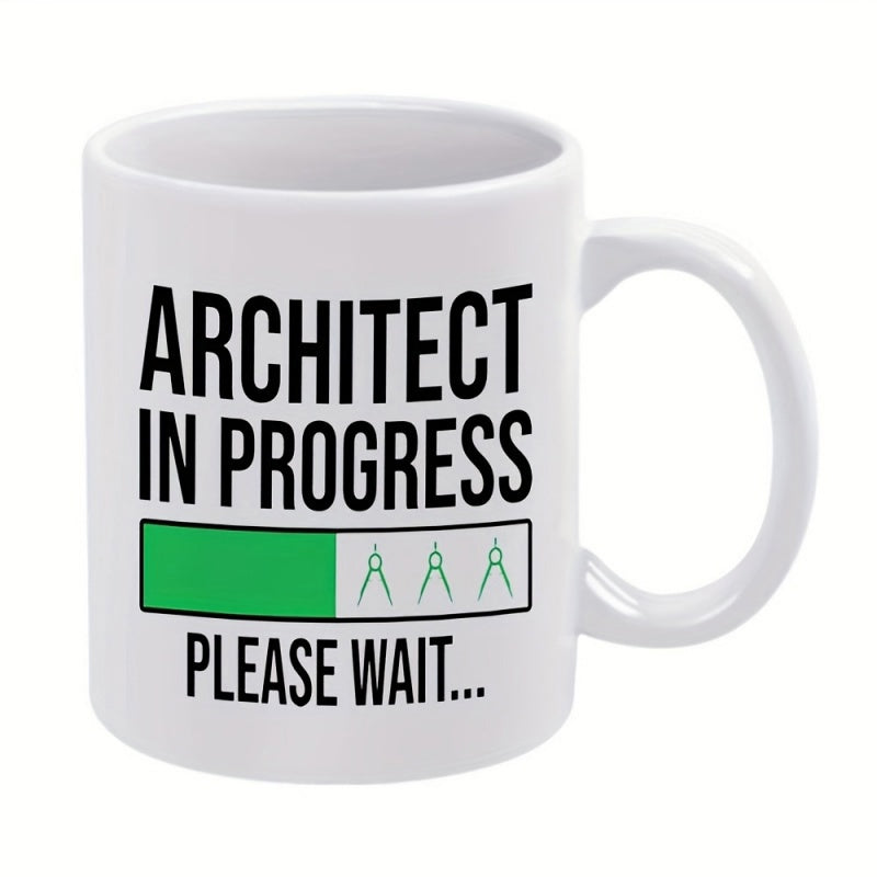 Tailorly White Ceramic 11 oz Mug - Architect In Progress Please Wait Modern Loading Bar With Green Filling And Architectural Compass Mug