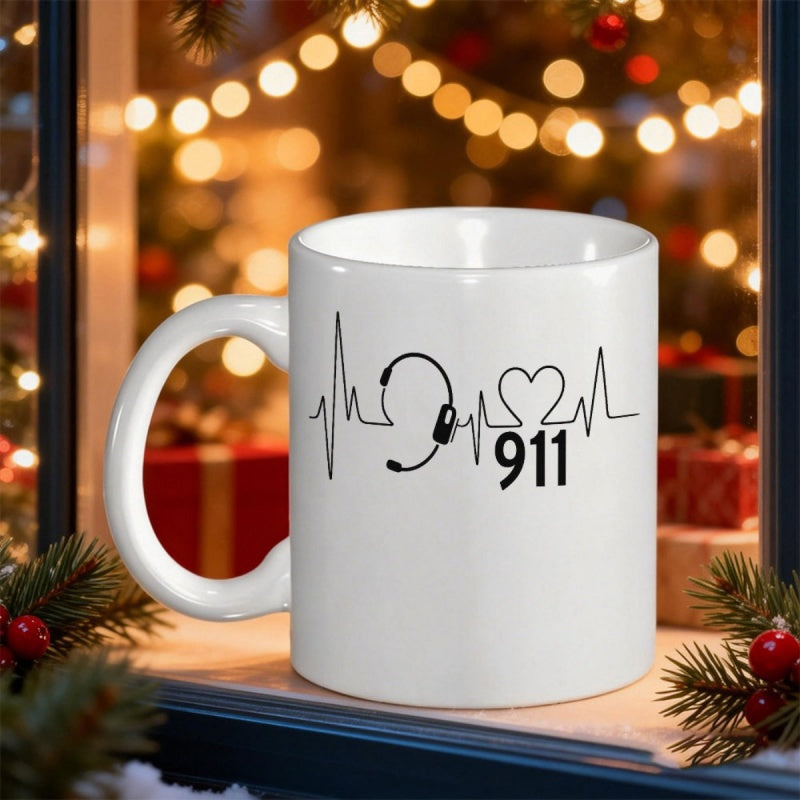 Tailorly White Ceramic 11 oz Mug - 911 Emergency Dispatcher Pulsing Rhythm With Headset And Decorative Life Line Heartbeat