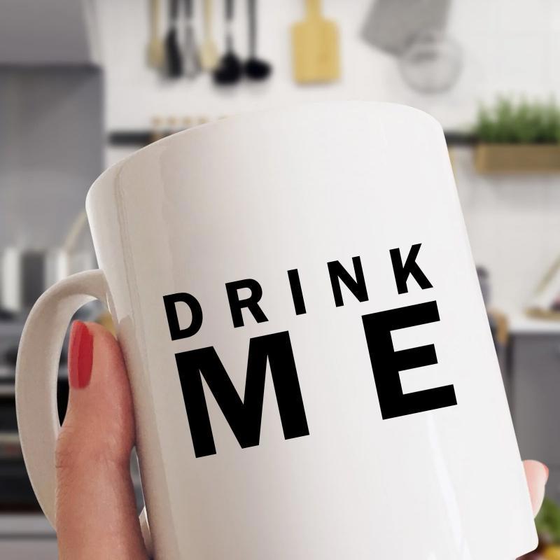 Tailorly White Ceramic 11 oz Mug - Drink Me Minimalist White Ceramic With Bold Black Lettering For Modern Kitchen Mug